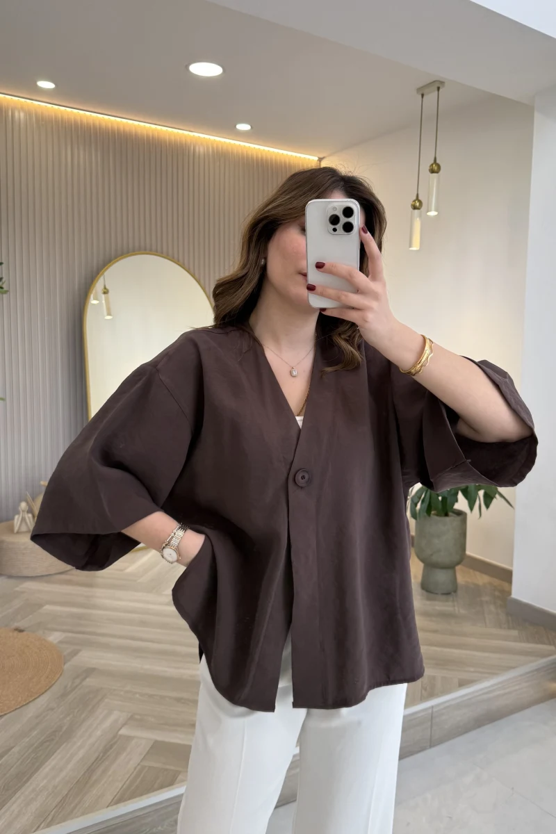 Önü Düğmeli Modal Gömlek - Koyu Kahve - Kod: 4961