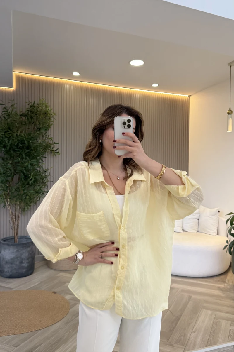 İnce Tek Cepli Çizgili Gömlek - Sarı - Kod: 5449