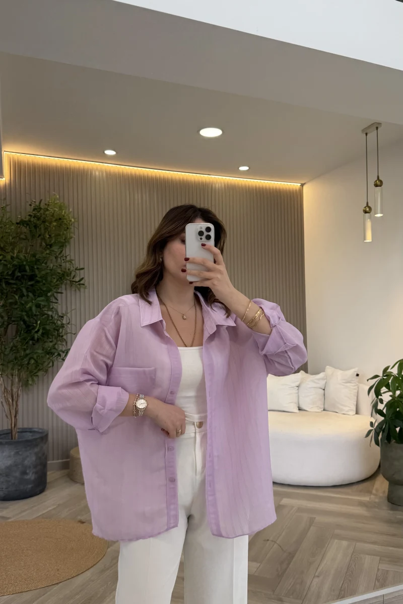 İnce Tek Cepli Çizgili Gömlek - Lila - Kod: 5449