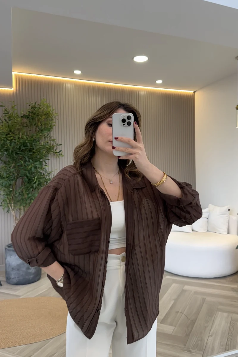 İnce Tek Cepli Çizgili Gömlek - Kahve - Kod: 5449