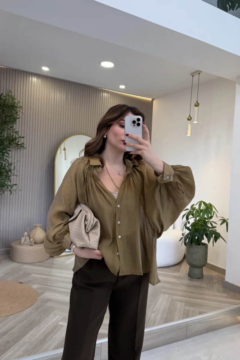 Gipeli Reglan Kol Oversize Gömlek - Olive - Kod: 5018
