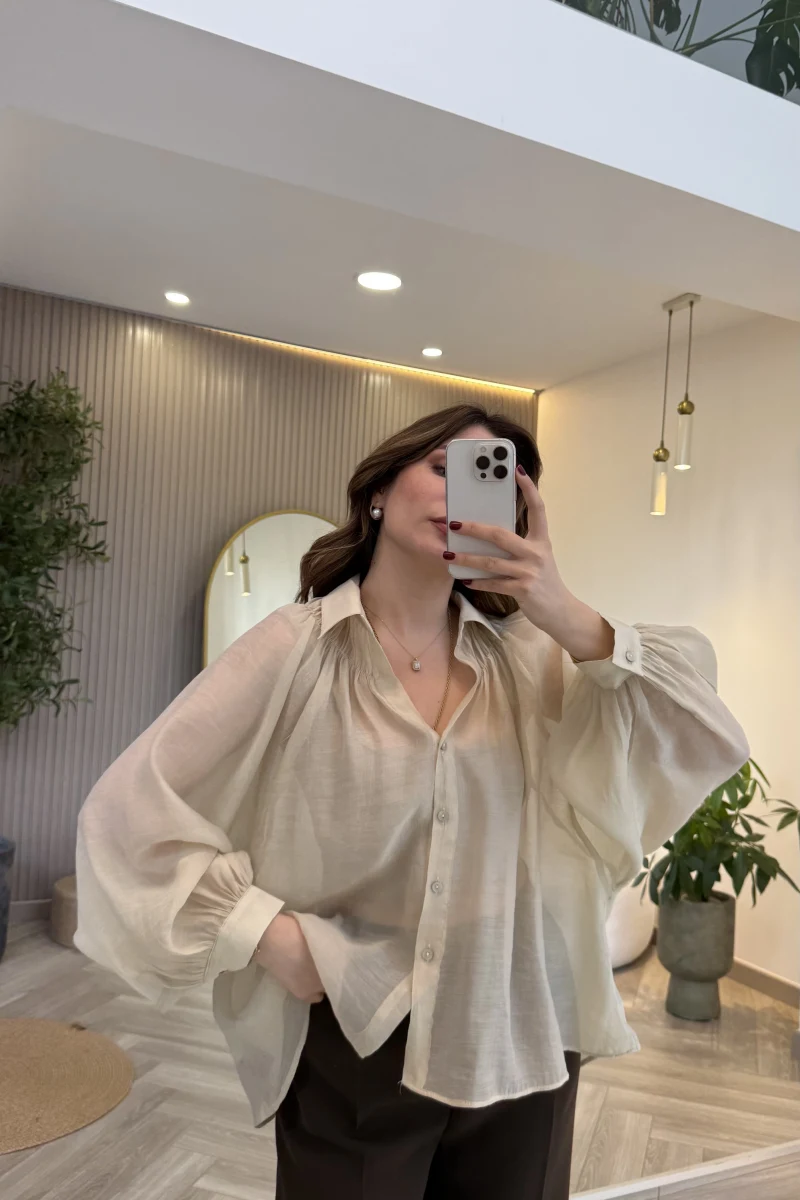 Gipeli Reglan Kol Oversize Gömlek - Taş - Kod: 5018