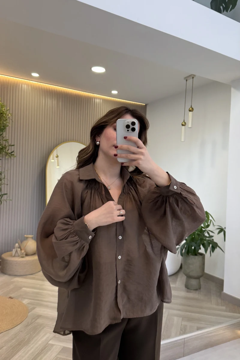 Gipeli Reglan Kol Oversize Gömlek - Kahve - Kod: 5018