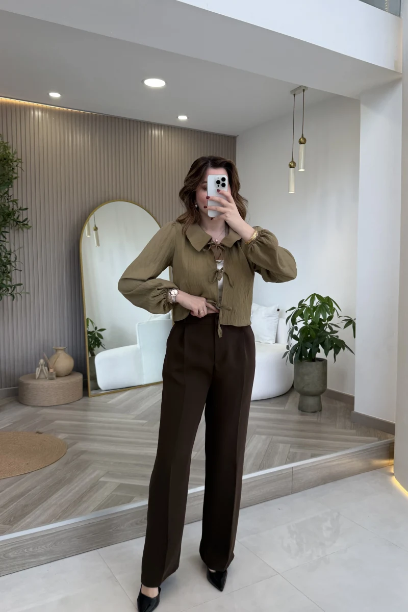 Kumaş Palazzo Pantolon - Kahve - Kod: 3879