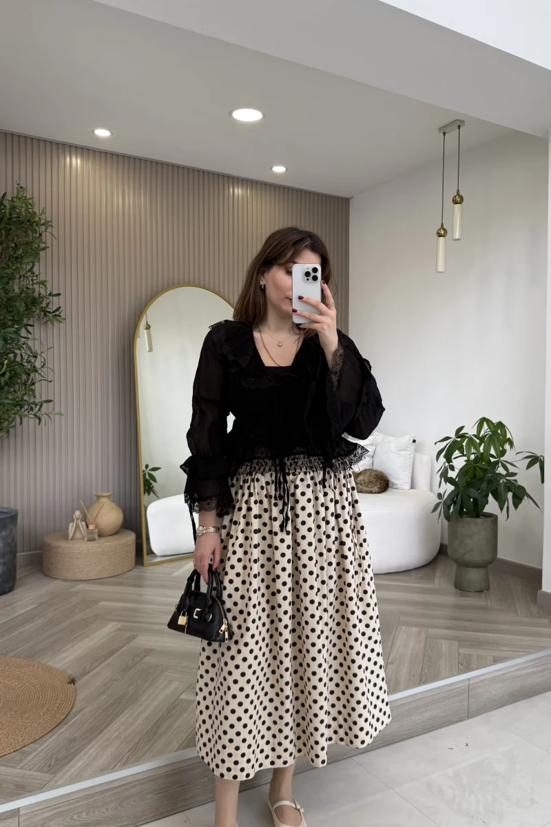 Pamuk Kumaş Beli Gipeli Puantiye Desenli Etek - Bej - Kod: 4072