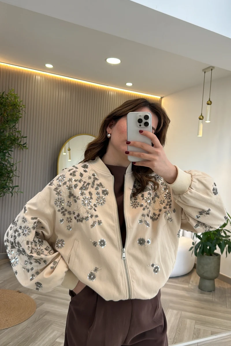 Premium Taş Pul Detaylı Pamuklu Ceket - Taş - Kod: 99927