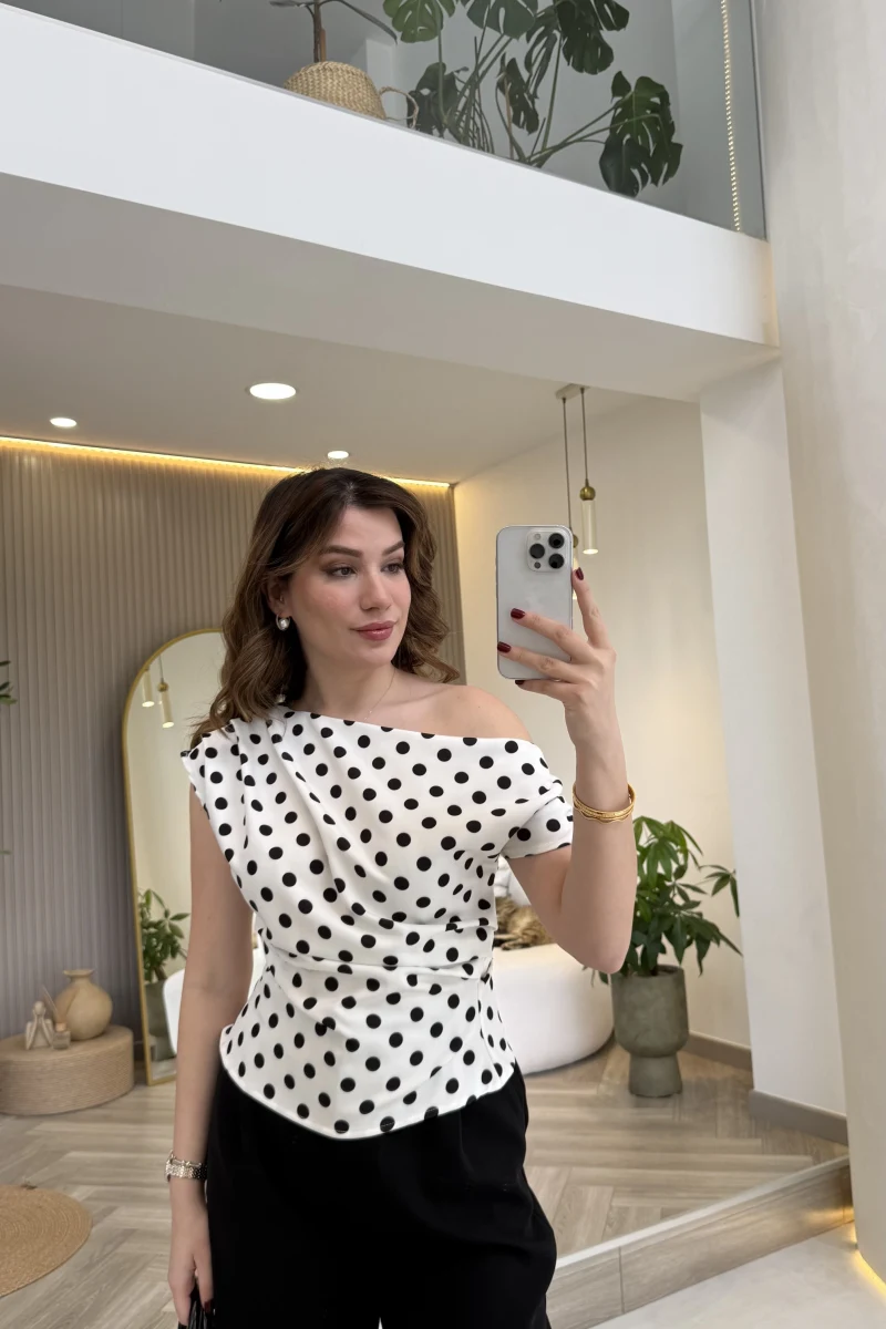 Nerina Puantiye Desenli Pile Detaylı Bluz - Ekru - Kod: 71779