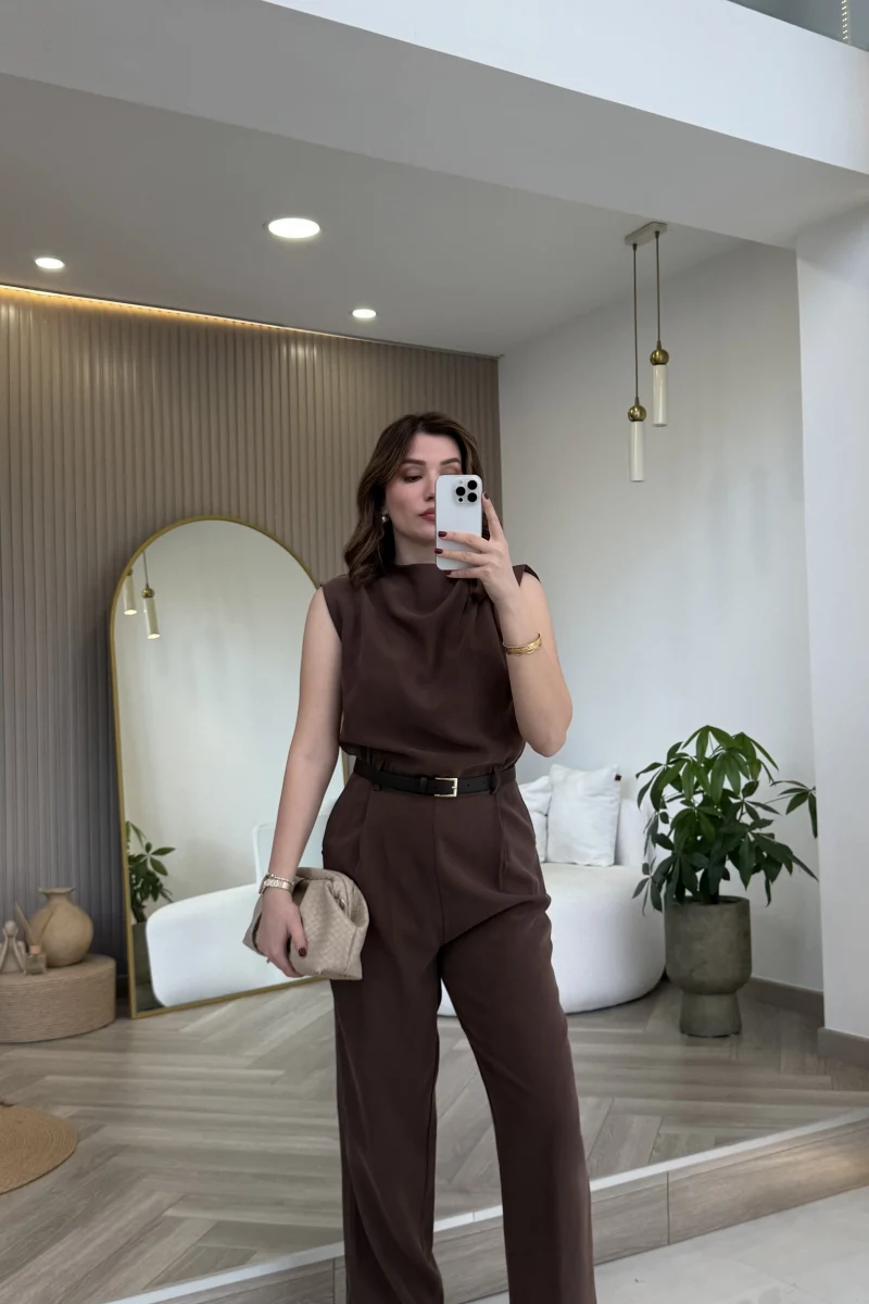 Kemerli Sıfır Kol Tulum - Kahverengi - Kod: 580907