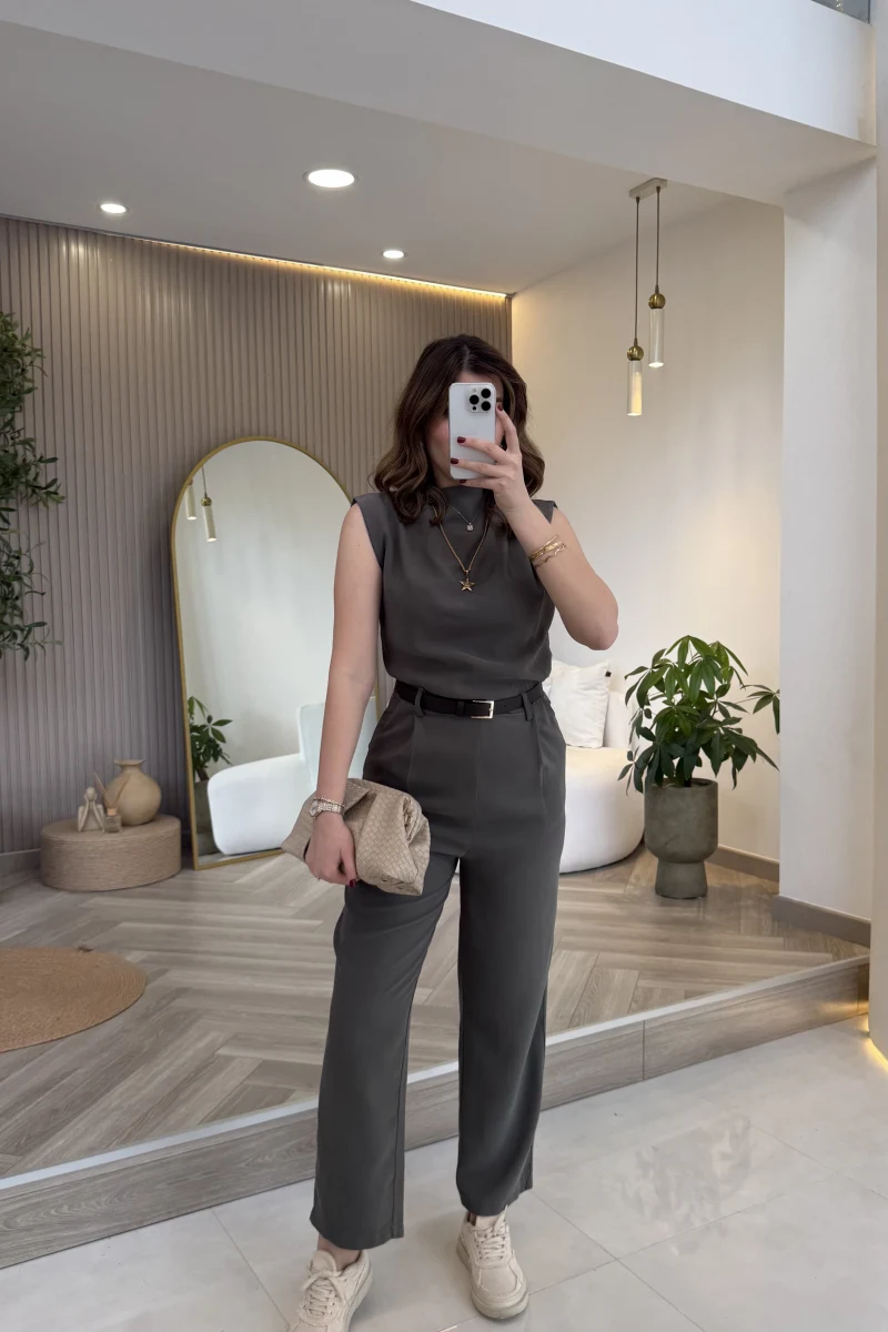 Kemerli Sıfır Kol Tulum - Haki - Kod: 580907