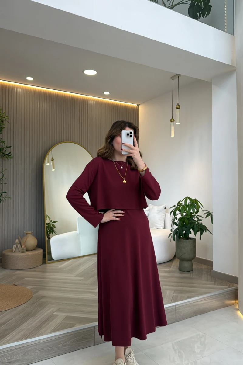 Ön Sipariş - 21 Nisan Kargolama Bluzlu İkili Takım Elbise - Bordo - Kod: 4064