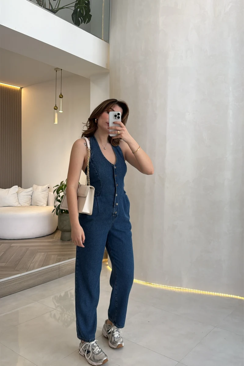 Boyundan Geçmeli Denim Tulum - Lacivert - Kod:8282