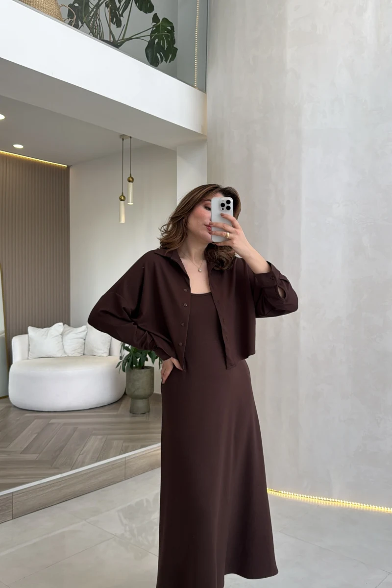 İnce Askılı Elbise Hırka Takım - Kahverengi - Kod: 4103