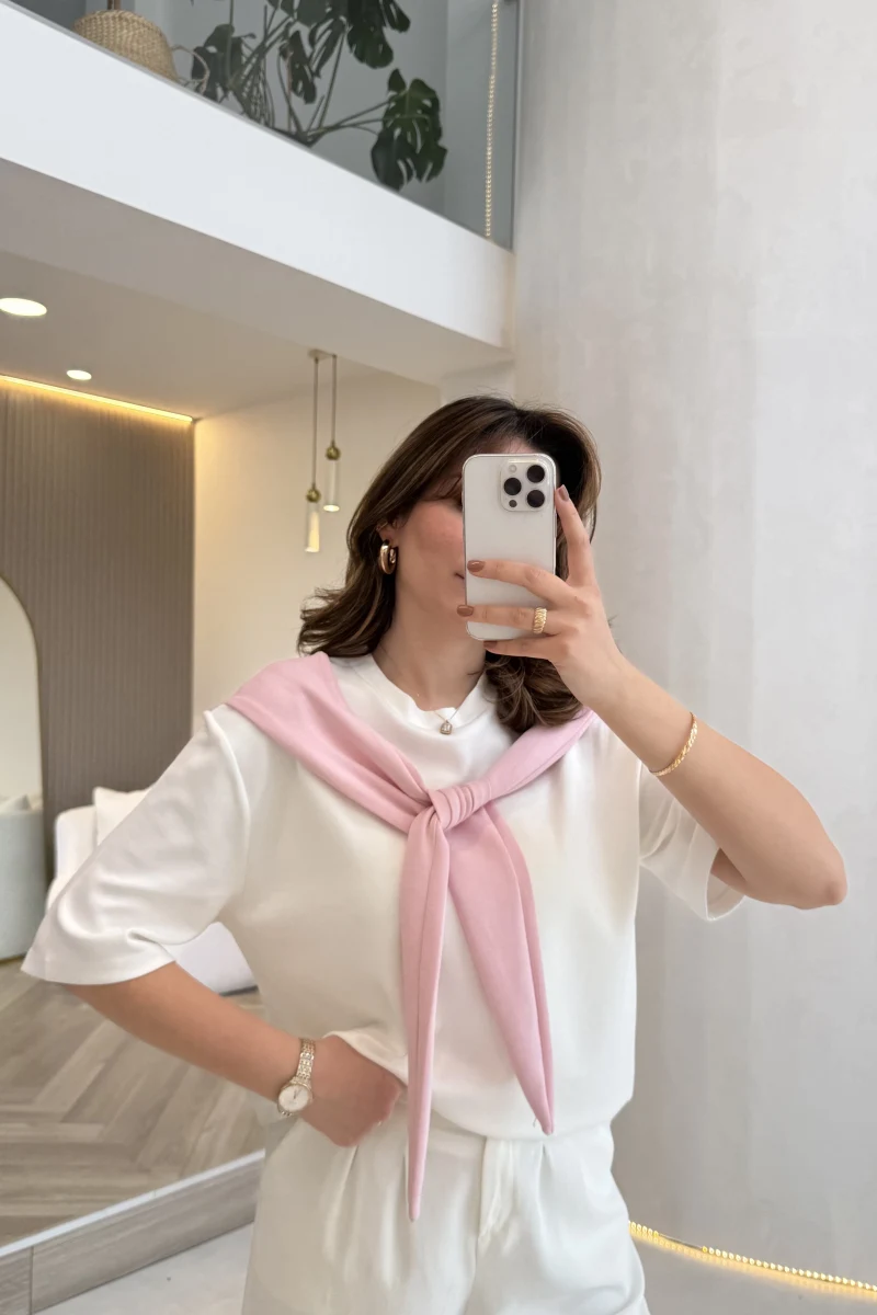 Sawa Fular Detay T-Shirt - Pembe - Kod: 1094