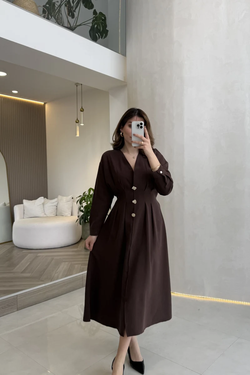 Önü Aksesuaar Detaylı Modal Elbise - Kahverengi - Kod: 3078