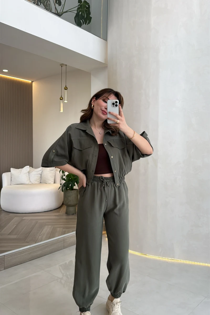 Arch Yarım Kol Pamuklu Ceket Pantolon Takım - Haki - Kod: 580774