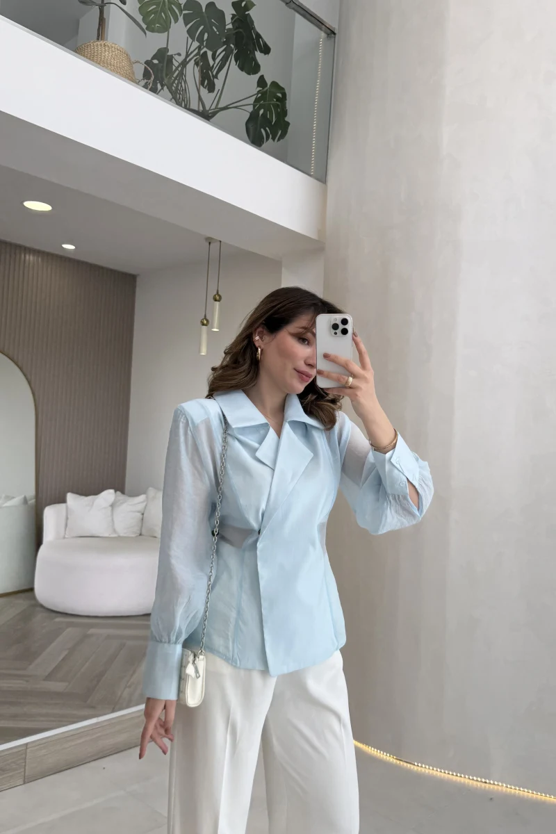Maisie Vatkalı Transparan Bağlamalı Gömlek - Açık Mavi - Kod: 5029