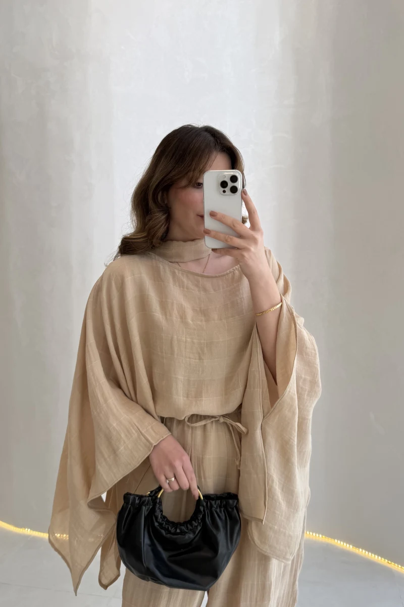 Pançolu Ekose Desenli Fular Detay Takım - Taş - Kod: 51344