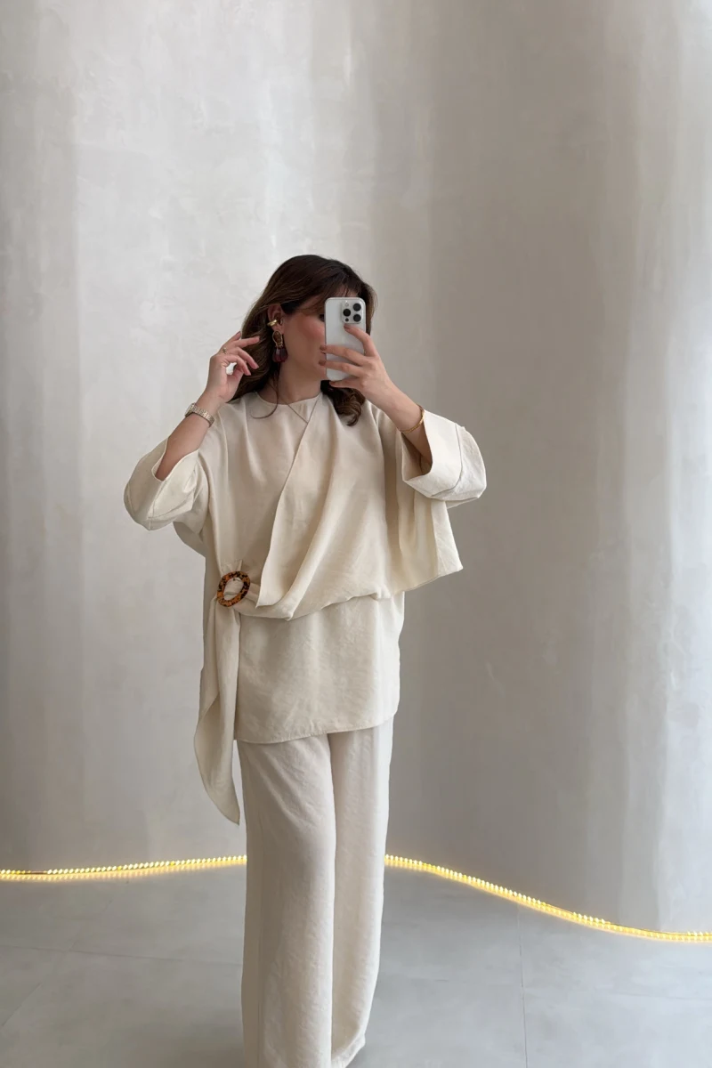 Paul Modal Kumaş Tokalı Bluz Pantolon Takım - Taş - Kod: 51346