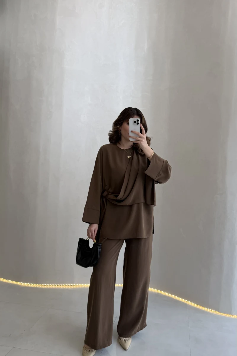 Paul Modal Kumaş Tokalı Bluz Pantolon Takım - Kahve - Kod: 51346