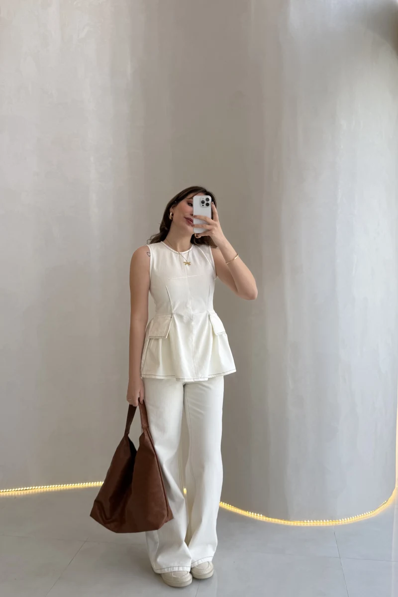 Dikiş Detaylı Sıfır Kol Denim Takım - Ekru - Kod: 2505