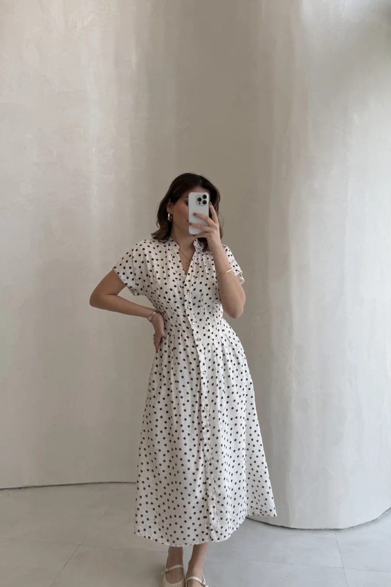 Eclipse Beli Pileli Puantiye Desen Bağcıklı Düğmeli Elbise - Ekru - Kod: 3083