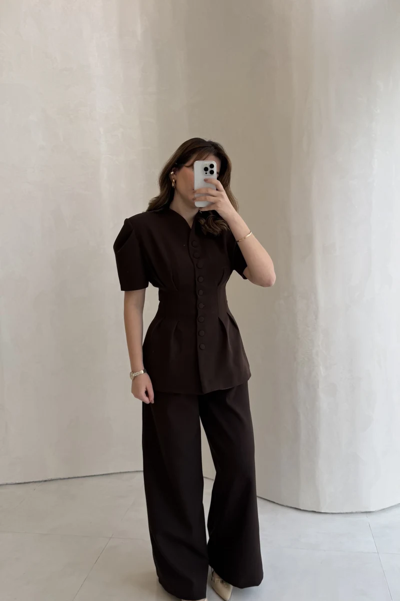 Noir Bel Detay Balon Kol Vatkalı Düğmeli Takım - Acı Kahve