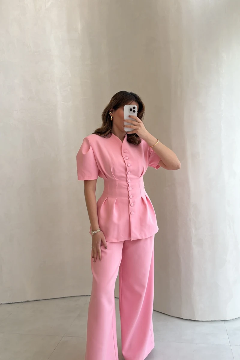 Noir Bel Detay Balon Kol Vatkalı Düğmeli Takım - Pembe