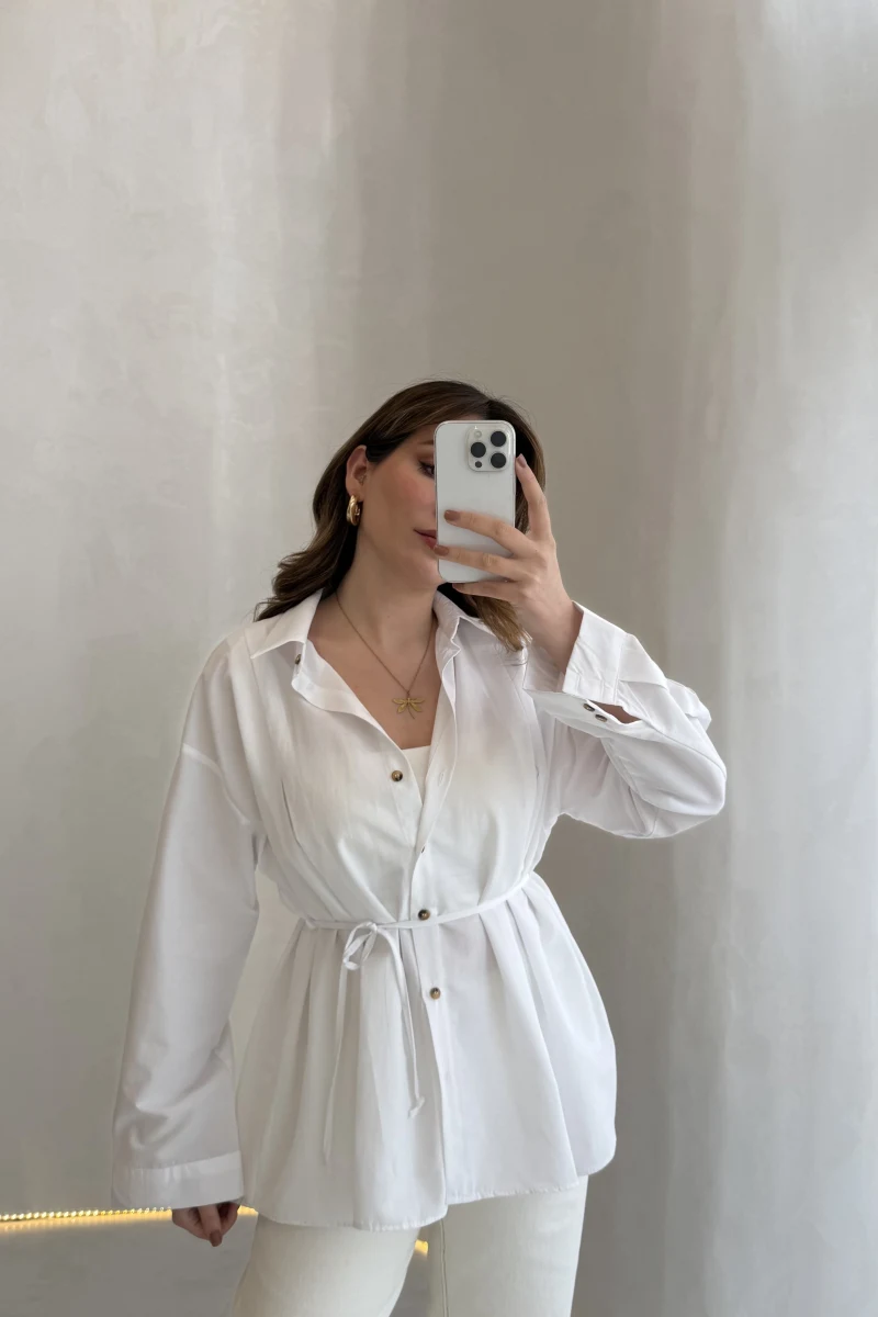 Arkası Pile Detay Bağcıklı Pamuklu Gömlek - Beyaz - Kod: 2206