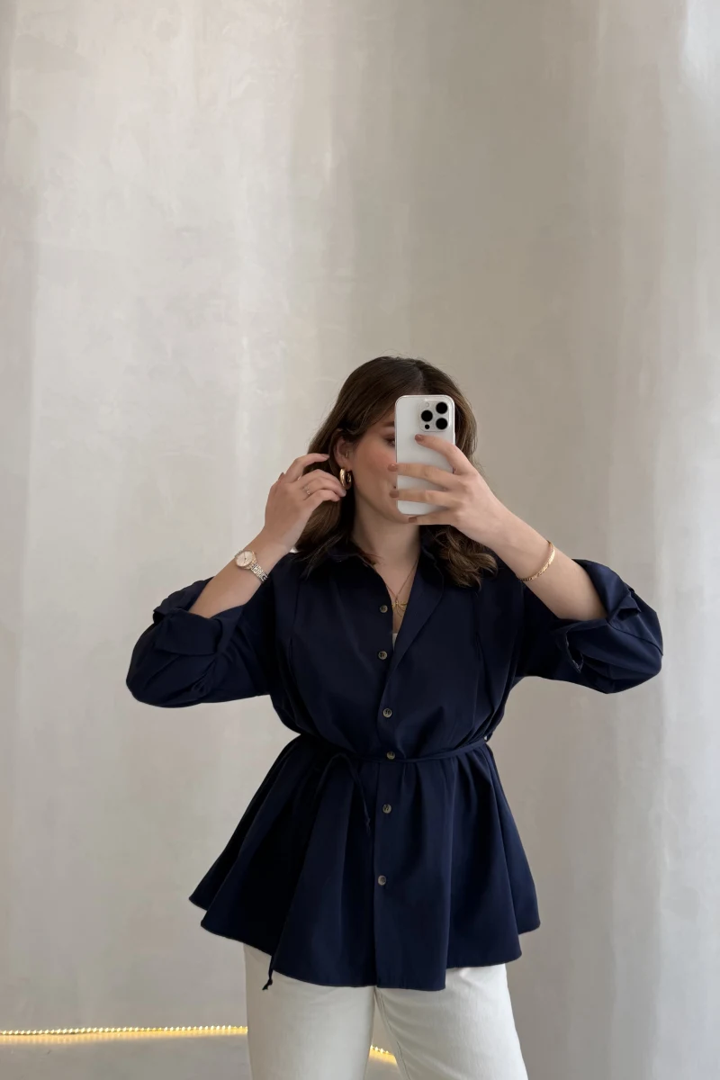 Arkası Pile Detay Bağcıklı Pamuklu Gömlek - Lacivert - Kod: 2206