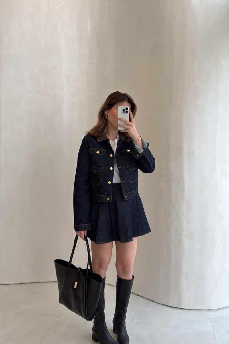 Denim Mini Etek Ceket Takım - Kahve Lacivert - Kod: 0984