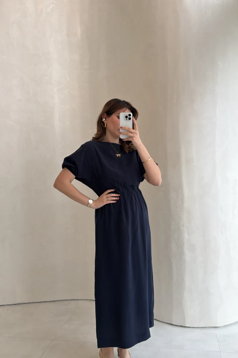 Balon Kol Yırtmaçlı Beli Pileli Pamuk Kumaş Elbise - Lacivert - Kod: 060