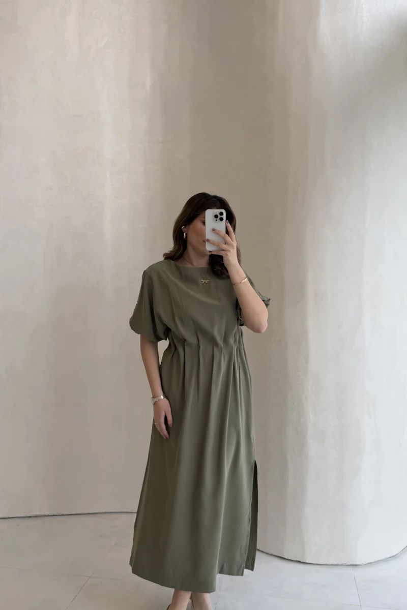 Balon Kol Yırtmaçlı Beli Pileli Pamuk Kumaş Elbise - Haki - Kod: 060