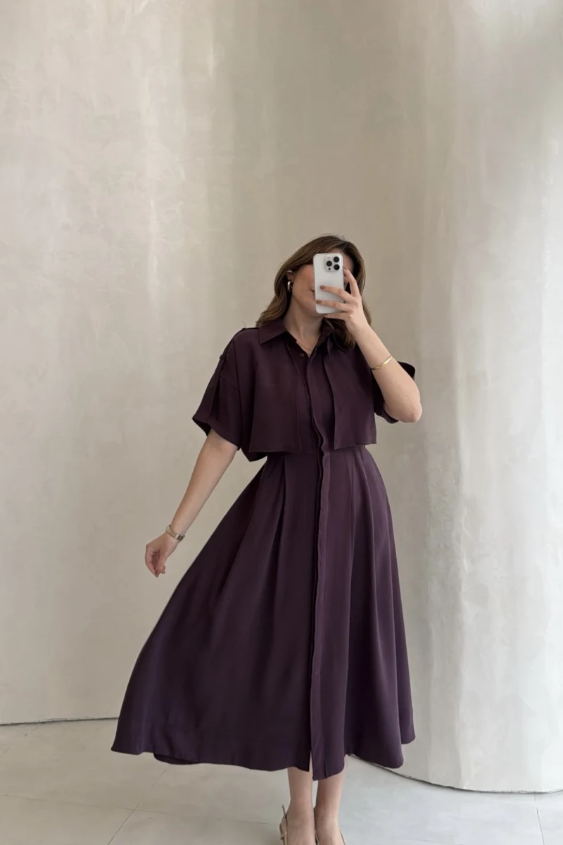 Kuşaklı Pelerinli Yarım Kol Elbise - Mürdüm - Kod: 580903