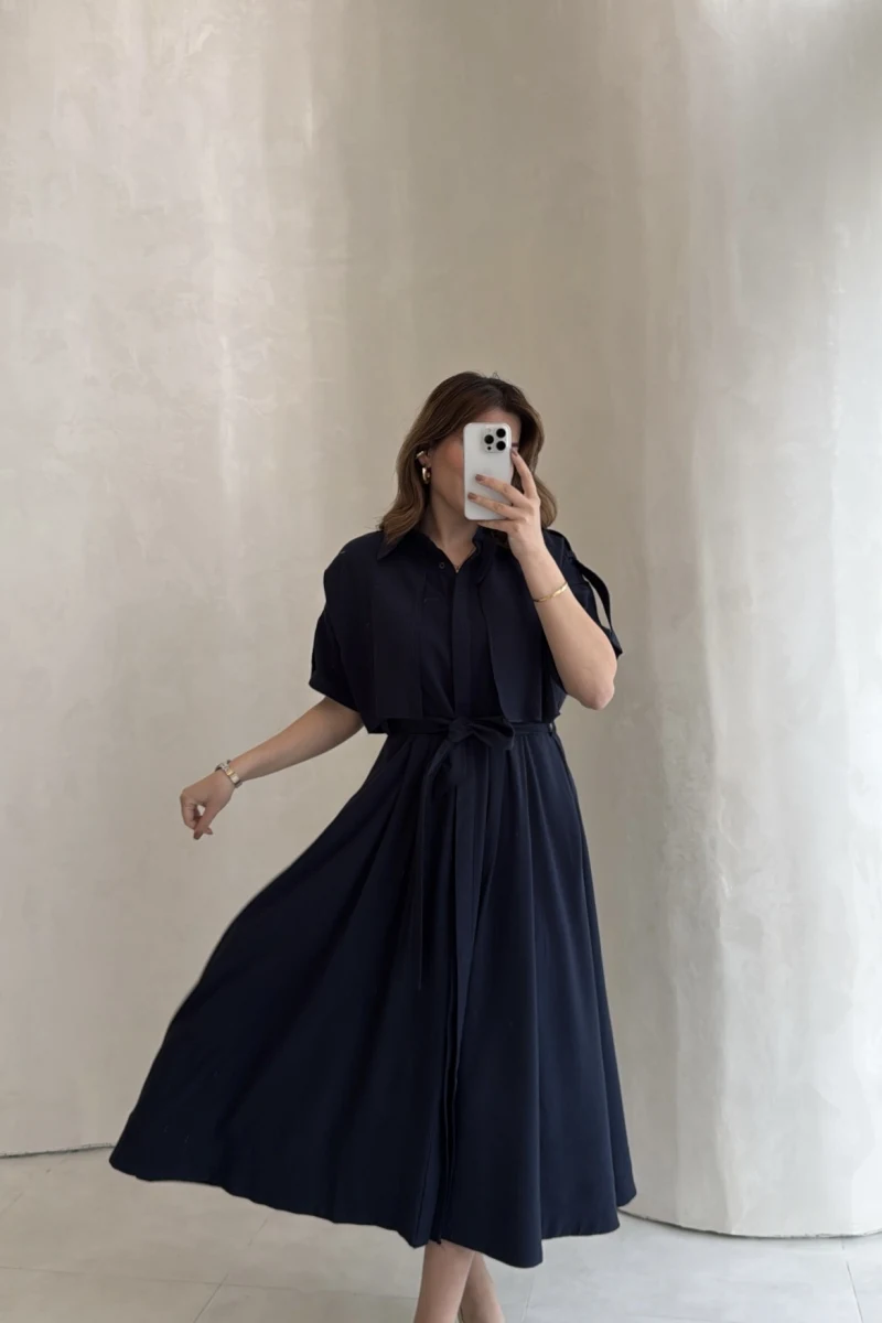 Kuşaklı Pelerinli Yarım Kol Elbise - Lacivert - Kod: 580903