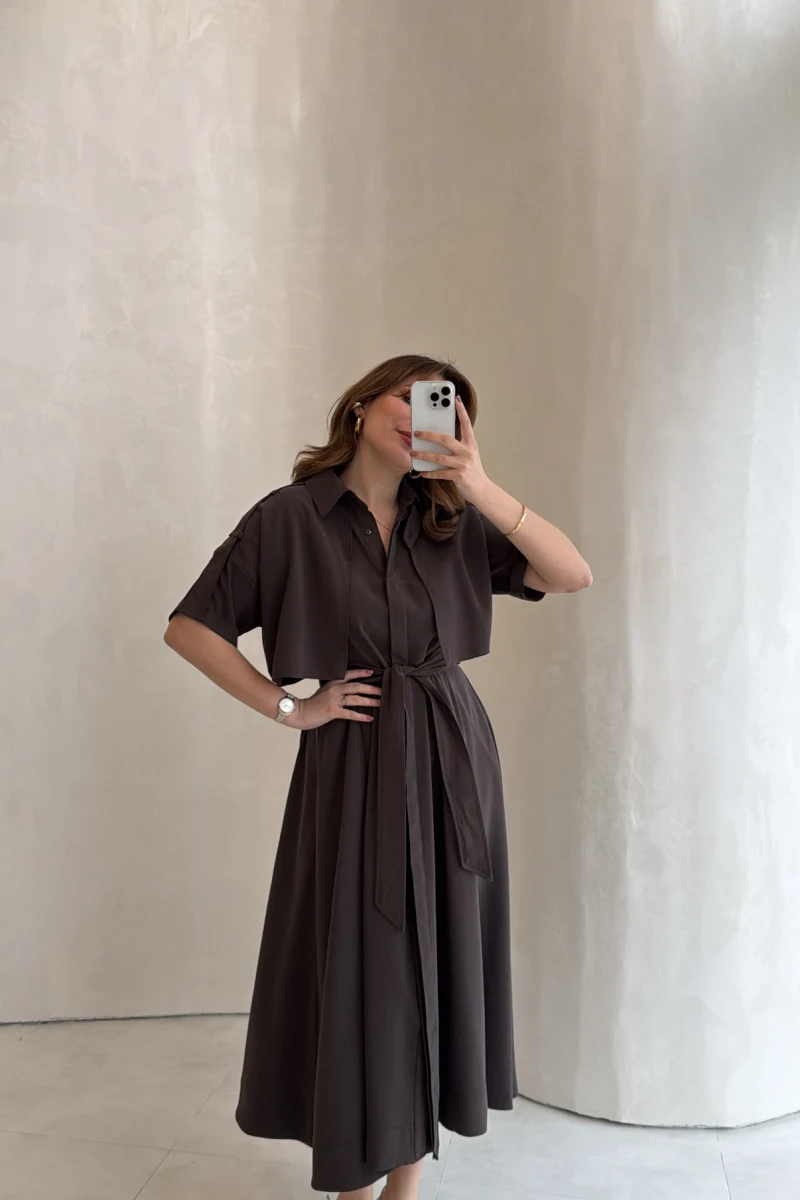 Kuşaklı Pelerinli Yarım Kol Elbise - Kahverengi - Kod: 580903