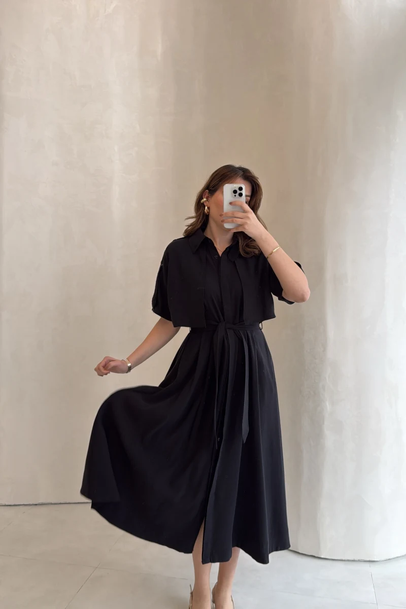 Kuşaklı Pelerinli Yarım Kol Elbise - Siyah - Kod: 580903