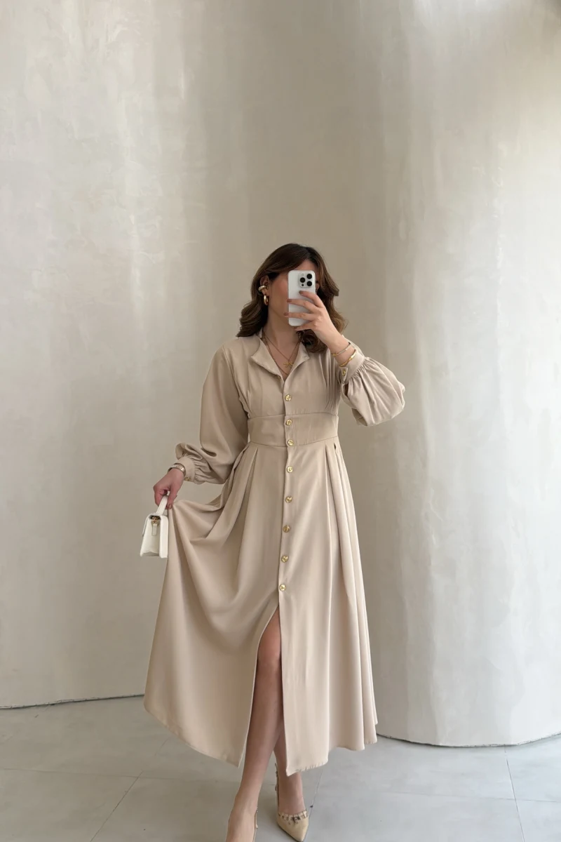 Naples Balon Kol Bel Detay Düğmeli Elbise - Taş - Kod: 4191