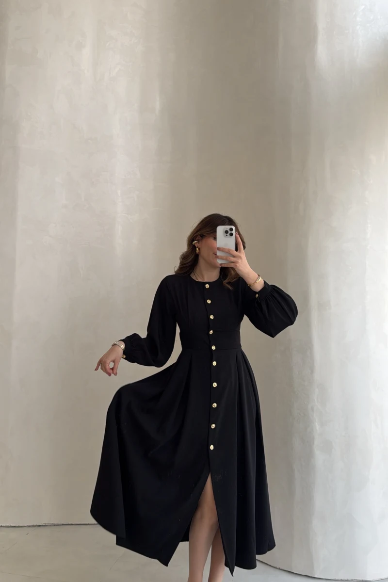 Naples Balon Kol Bel Detay Düğmeli Elbise - Siyah - Kod: 4191