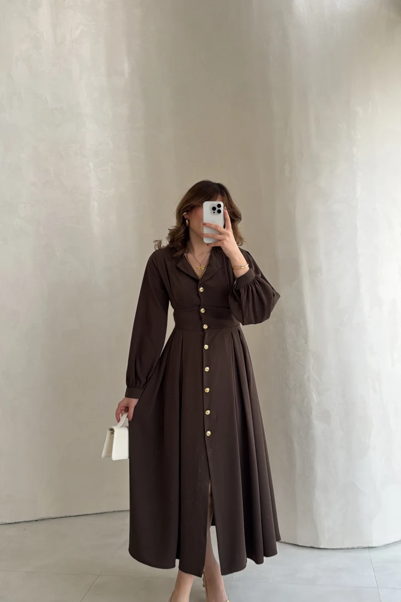 Naples Balon Kol Bel Detay Düğmeli Elbise - Kahverengi - Kod: 4191