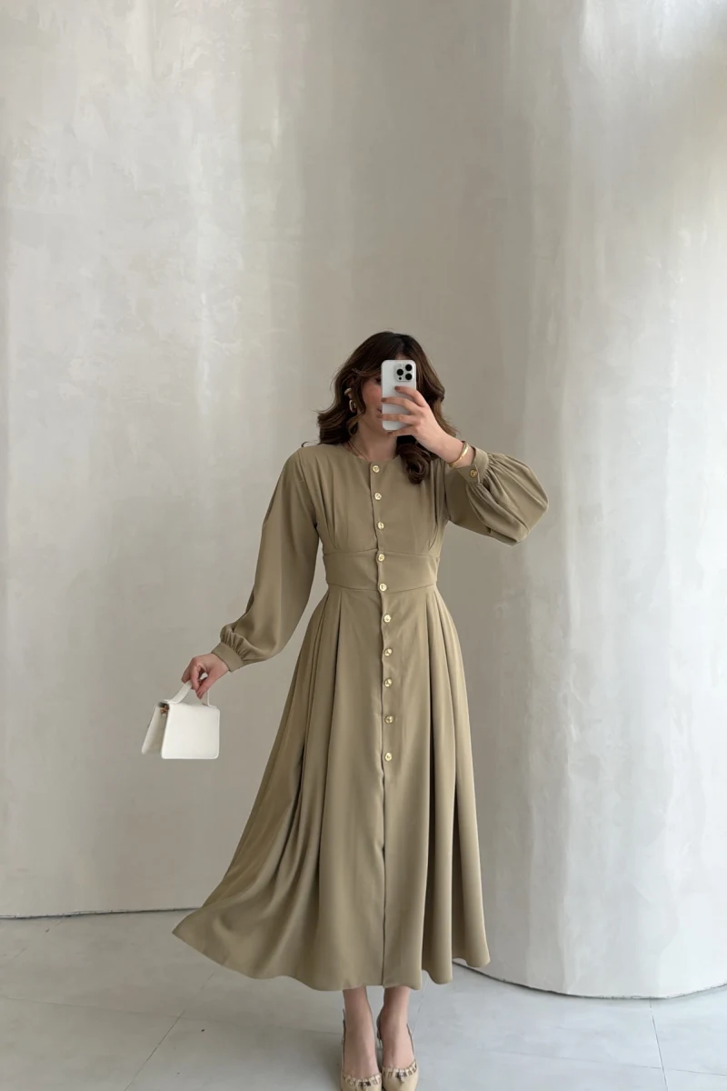 Naples Balon Kol Bel Detay Düğmeli Elbise - Haki - Kod: 4191