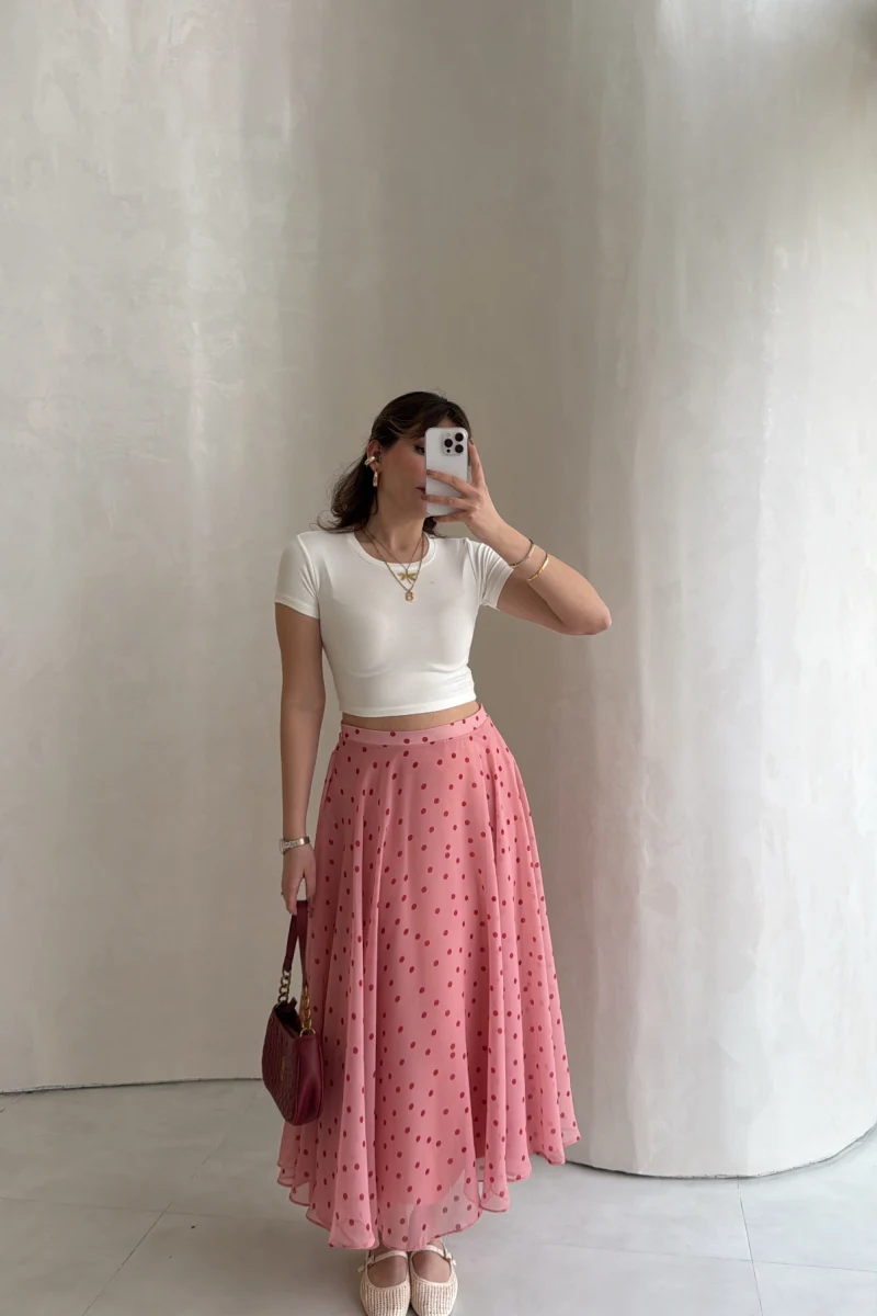 Şifon Puantiye Desenli Kloş Etek - Pembe - Kod: 0613