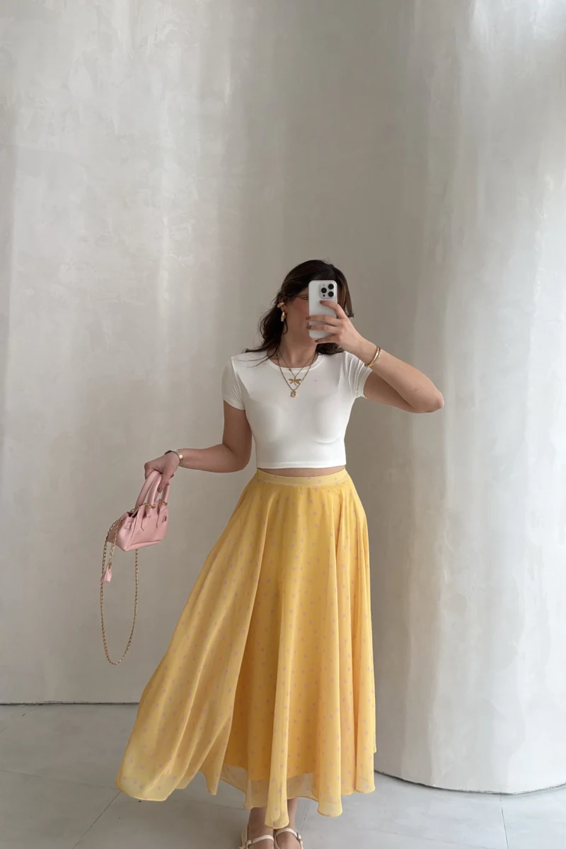 Şifon Puantiye Desenli Kloş Etek - Sarı - Kod: 0613