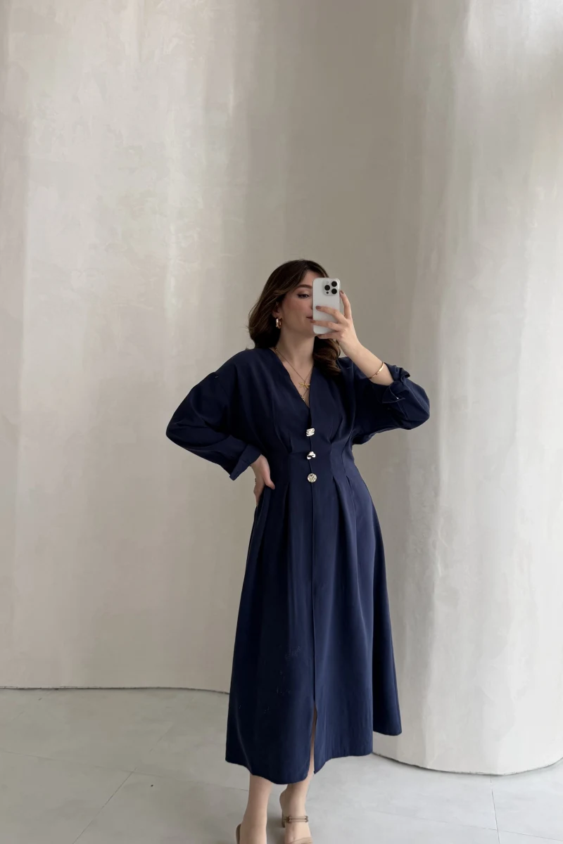 Önü Aksesuar Detaylı Modal Elbise - Lacivert - Kod: 3078
