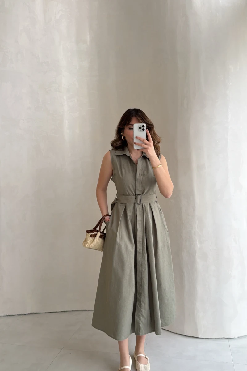 Keten Sıfır Kol Kuşaklı Elbise - Haki - Kod: 580905