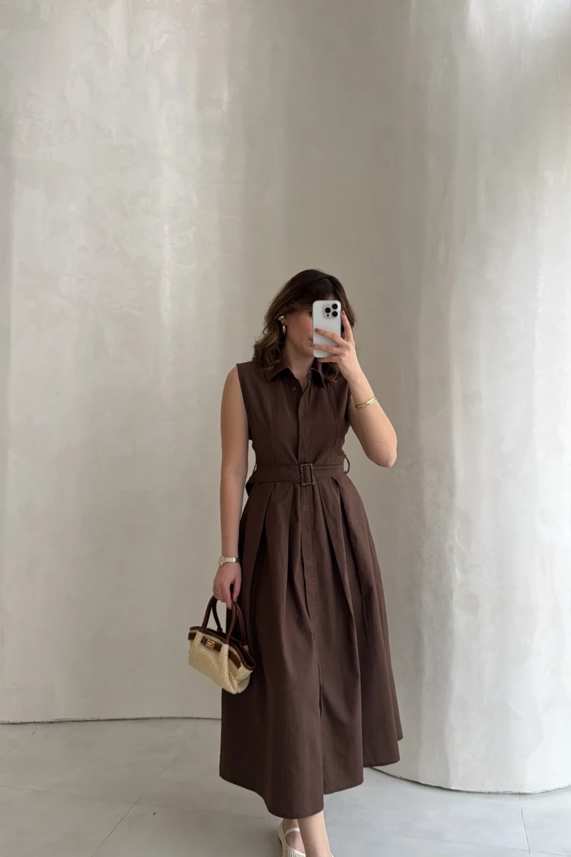 Keten Sıfır Kol Kuşaklı Elbise - Kahverengi - Kod: 580905