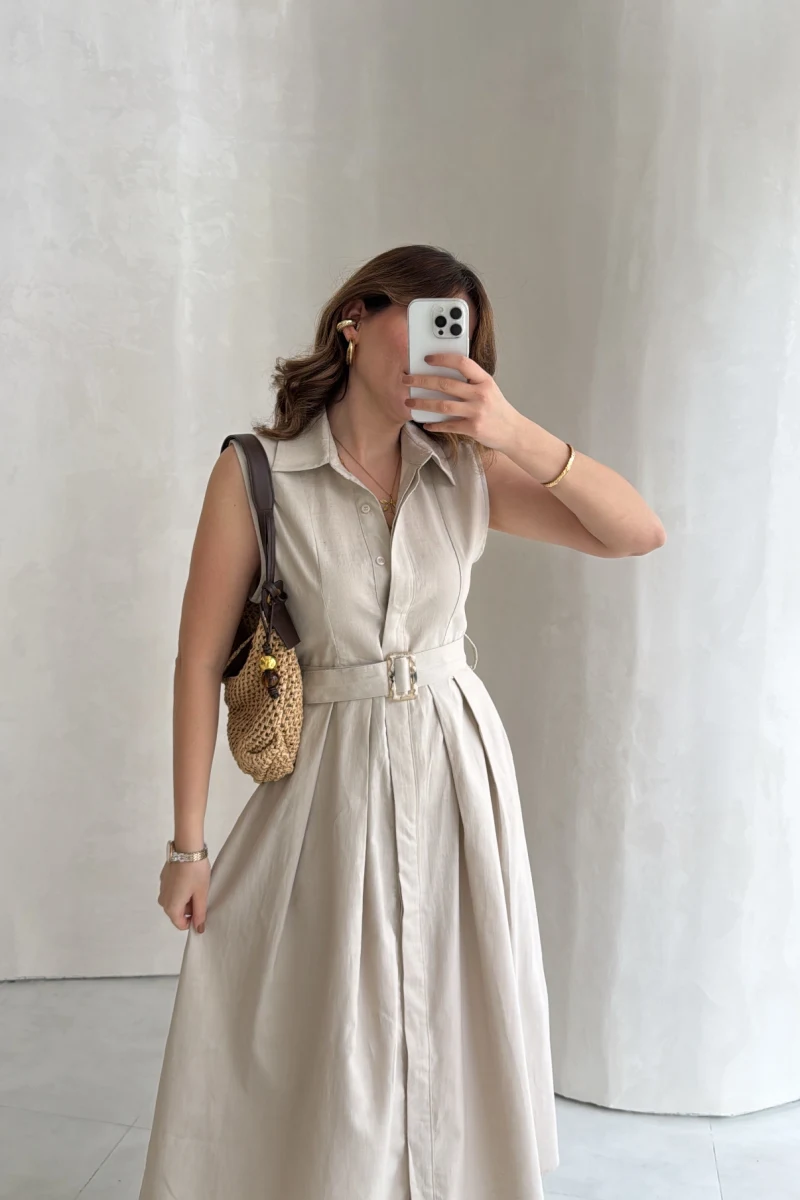 Keten Sıfır Kol Kuşaklı Elbise - Taş - Kod: 580905