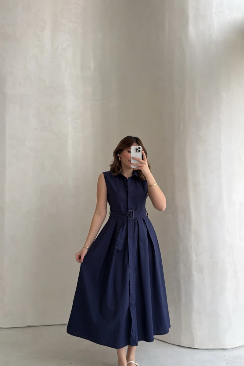 Keten Sıfır Kol Kuşaklı Elbise - Lacivert - Kod: 580905