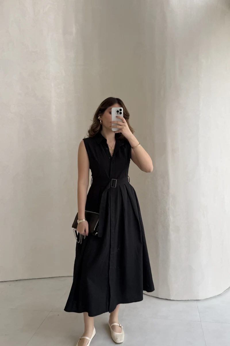 Keten Sıfır Kol Kuşaklı Elbise - Siyah - Kod: 580905