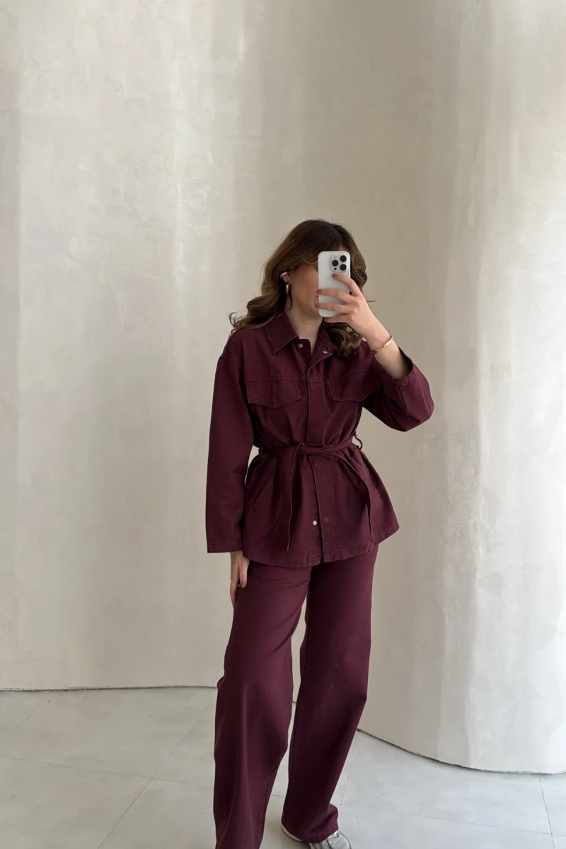 Bel Bağlamalı Önü Çıtçıtlı Kot Denim Takım - Bordo - Kod: 6038