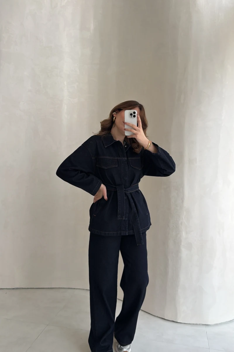 Bel Bağlamalı Önü Çıtçıtlı Kot Denim Takım - Lacivert - Kod: 6038